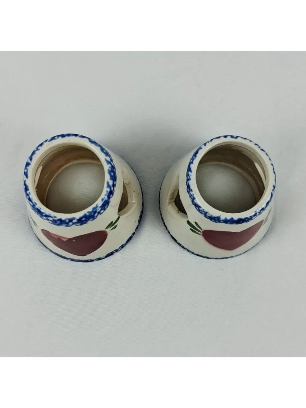 Pair Of Ceramic Heart Jar Candle Toppers Sponge Blue Trim with Red Heart Detail